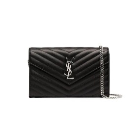 Saint Laurent Chain-Strap Ysl-Plaque Grained-Leather Wallet