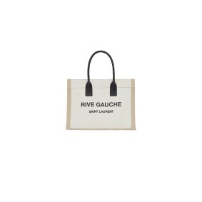 Ysl Rive Gauche Small Tote Bag In Linen And Leather